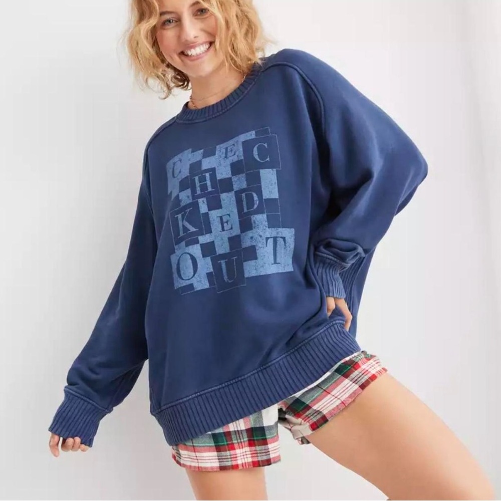Aerie Down-To-Earth Crew Sweatshirt Washed Blue Checked Out Oversized